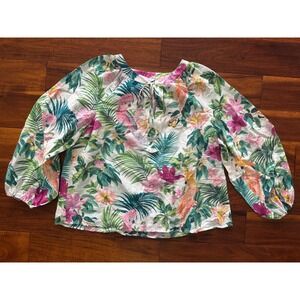 Tommy Bahama Silk Blend Womans Tropical Parrot Floral Print Tunic Blouse Top L G